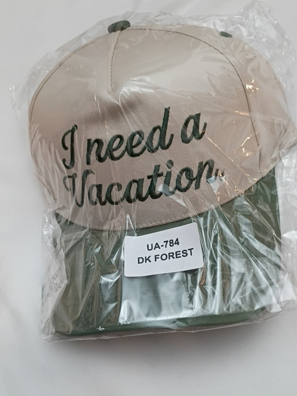 Women's I Need a Vacation Embroidered Cap - Beige and Dark Forest Green